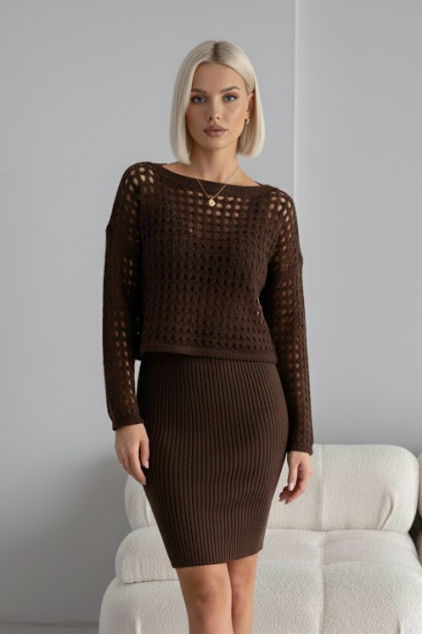 Kadın Kahverengi Ajurlu Delikli Kazak ve Fitilli Triko Elbise İkili Takım - Yumuşak Dokulu Örme Alt Üst Takım