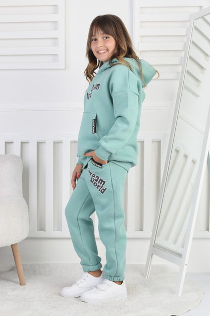 Şardonlu 3 İplik Baskılı Kapşonlu Kız Çocuk Takım