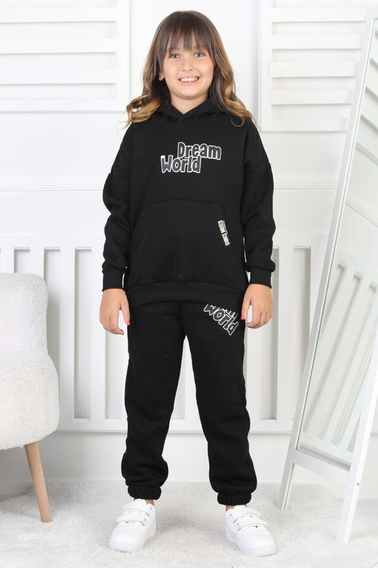 Şardonlu 3 İplik Baskılı Kapşonlu Kız Çocuk Takım