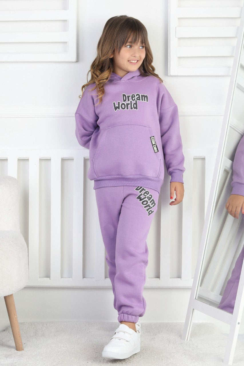 Şardonlu 3 İplik Baskılı Kapşonlu Kız Çocuk Takım