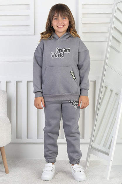 Şardonlu 3 İplik Baskılı Kapşonlu Kız Çocuk Takım