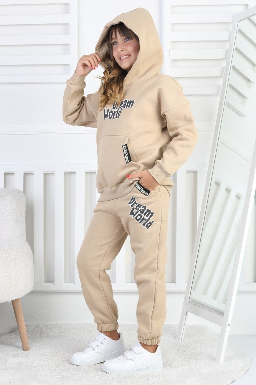 Şardonlu 3 İplik Baskılı Kapşonlu Kız Çocuk Takım