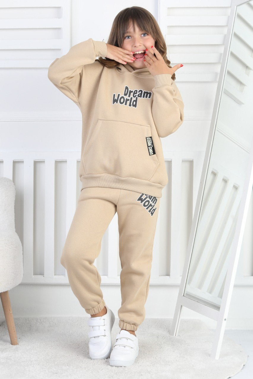 Şardonlu 3 İplik Baskılı Kapşonlu Kız Çocuk Takım