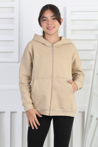 Şardonlu 3 İplik Kapşonlu Kız Çocuk Sweatshirt