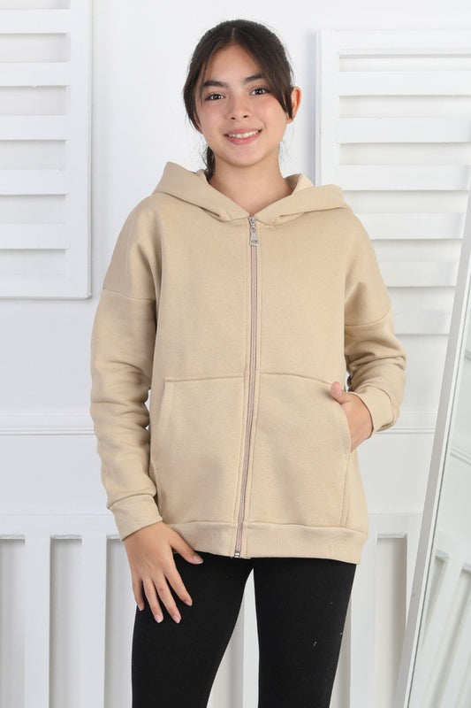 Şardonlu 3 İplik Kapşonlu Kız Çocuk Sweatshirt