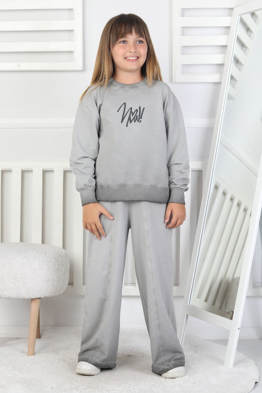 İki İplik Yıkamalı Baskılı Kız Çocuk Gri Takım