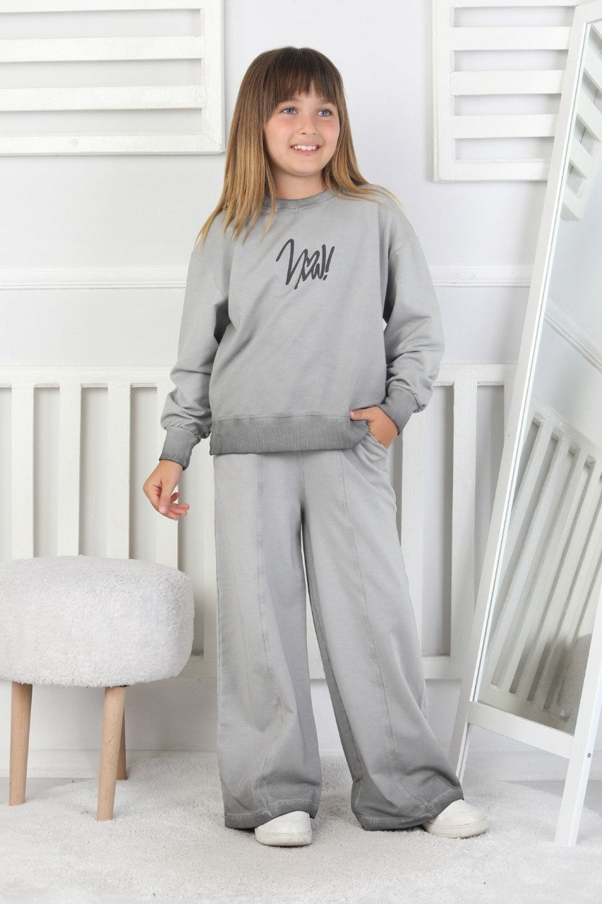 İki İplik Yıkamalı Baskılı Kız Çocuk Gri Takım