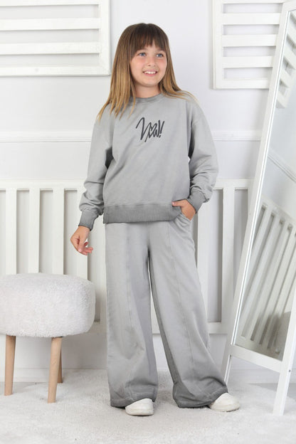 İki İplik Yıkamalı Baskılı Kız Çocuk Gri Takım