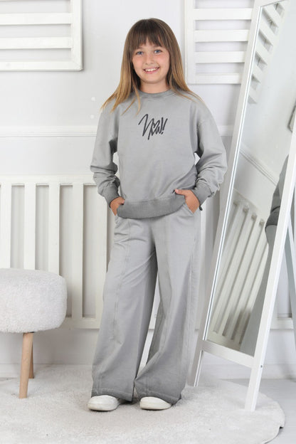 İki İplik Yıkamalı Baskılı Kız Çocuk Gri Takım