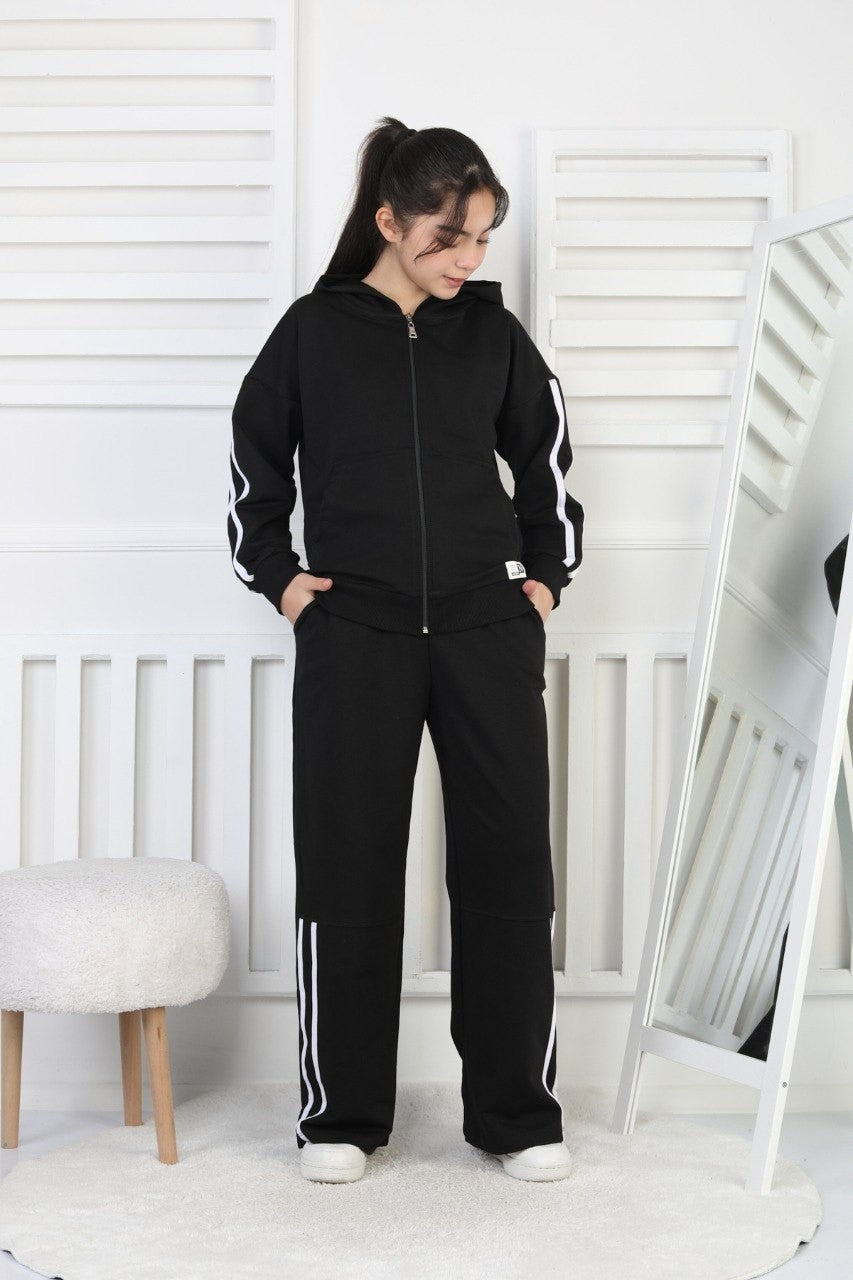 İki İplik Çizgili Siyah Kız Çocuk Takım