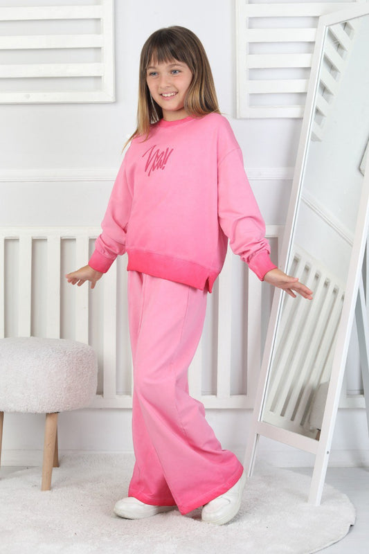 İki İplik Yıkamalı Baskılı Pembe Kız Çocuk Takım