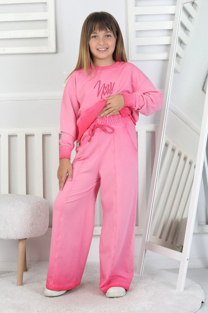 İki İplik Yıkamalı Baskılı Pembe Kız Çocuk Takım