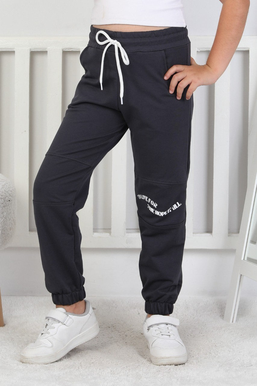 İki İplik Baskılı Antrasit Kız Çocuk Lastikli Paça Eşofman Altı