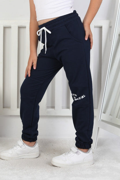 İki İplik Baskılı Kız Çocuk Lacivert Lastikli Paça Eşofman Altı