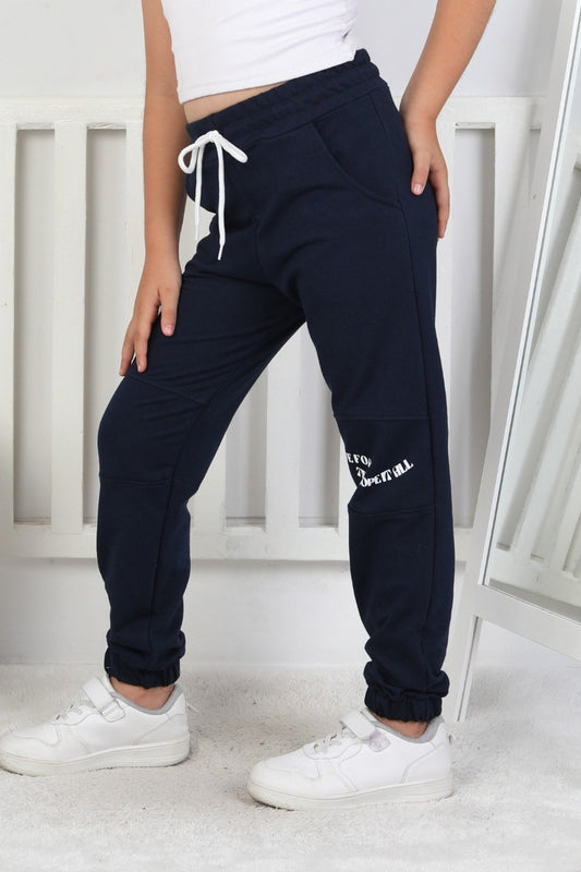 İki İplik Baskılı Kız Çocuk Lacivert Lastikli Paça Eşofman Altı