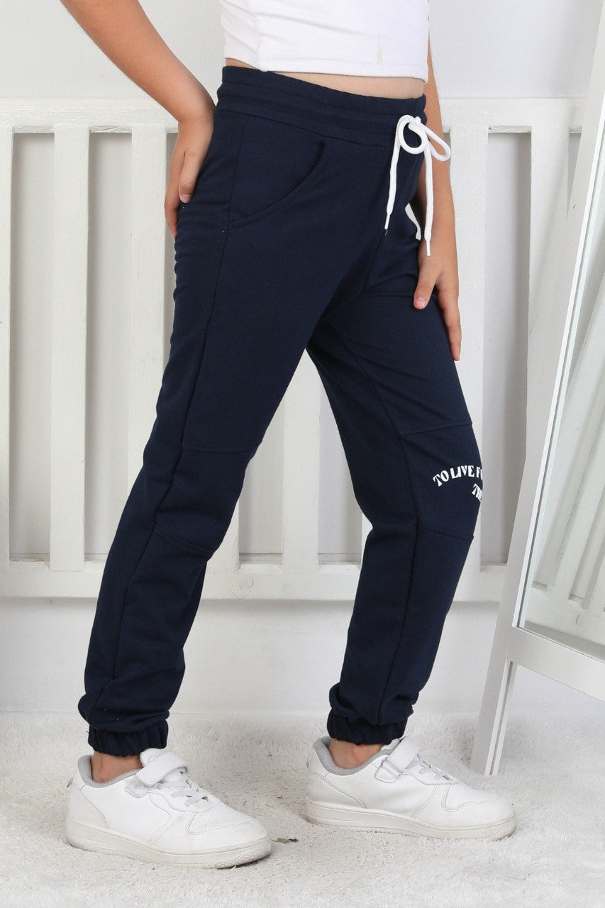 İki İplik Baskılı Kız Çocuk Lacivert Lastikli Paça Eşofman Altı