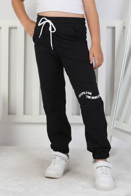 İki İplik Baskılı Kız Çocuk Siyah Lastikli Paça Eşofman Altı