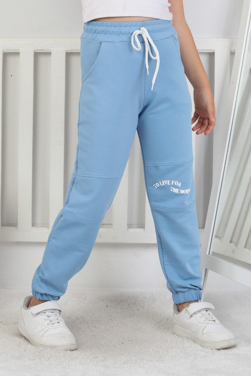 İki İplik Baskılı Kız Çocuk Lastikli Paça Mavi Eşofman Altı