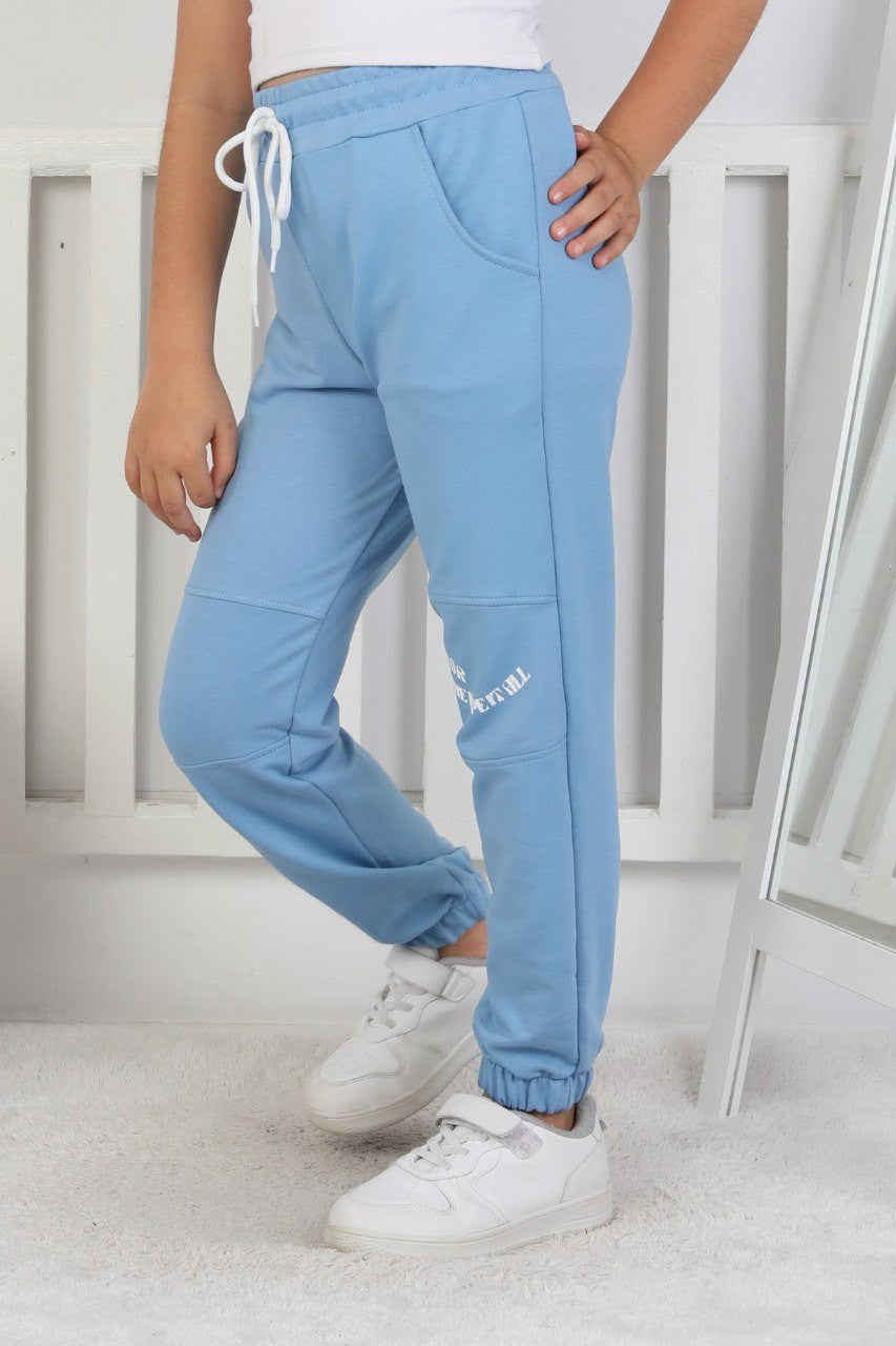 İki İplik Baskılı Kız Çocuk Lastikli Paça Mavi Eşofman Altı