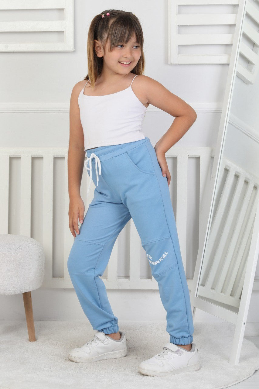 İki İplik Baskılı Kız Çocuk Lastikli Paça Mavi Eşofman Altı