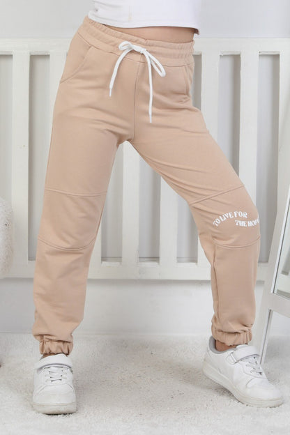 İki İplik Baskılı Kız Çocuk Lastikli Paça Bej Eşofman Altı