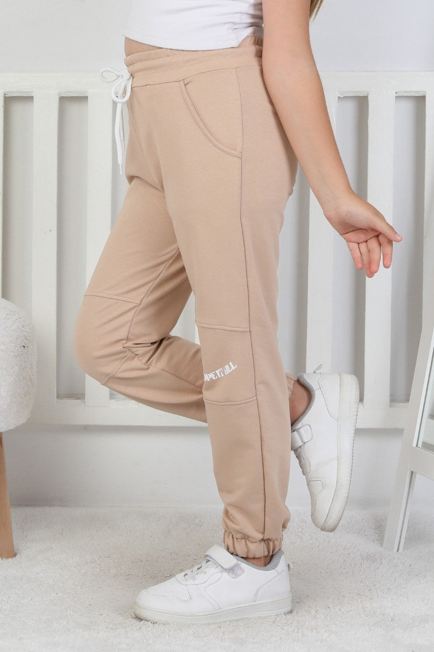 İki İplik Baskılı Kız Çocuk Lastikli Paça Bej Eşofman Altı