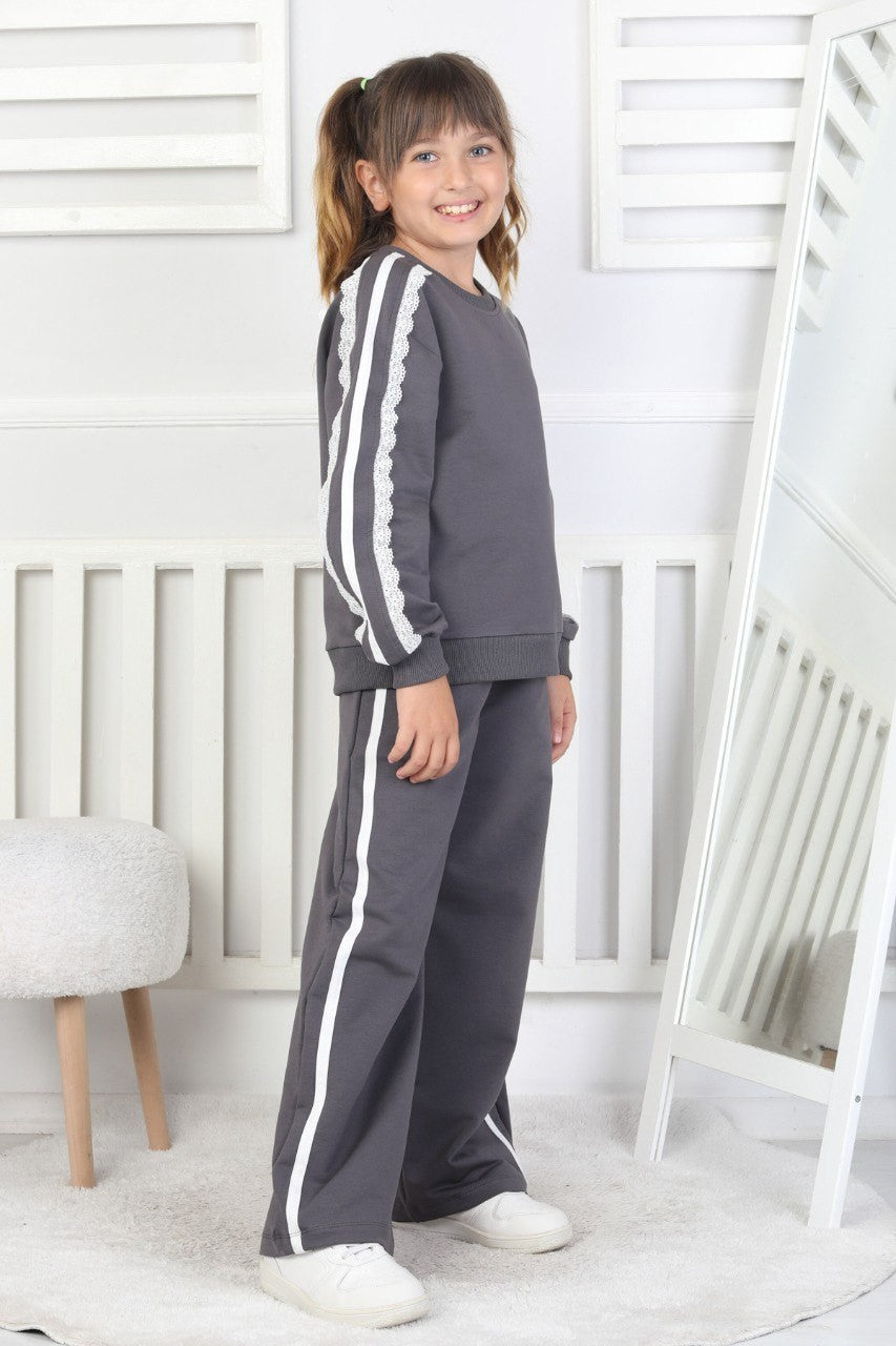 İki İplik Güpürlü Çizgili Antrasit Kız Çocuk İkili Takım
