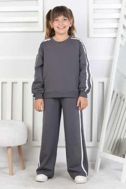 İki İplik Güpürlü Çizgili Kız Çocuk Takım