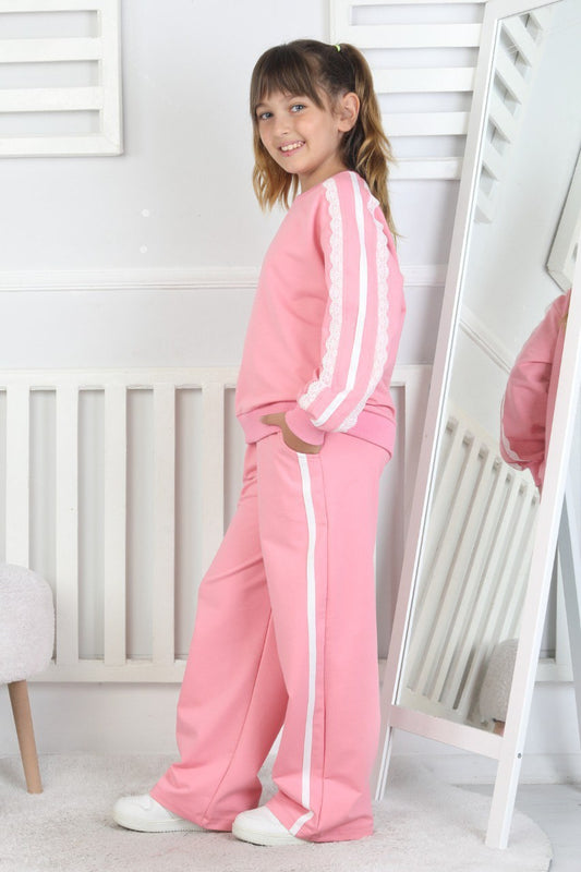 İki İplik Güpürlü Çizgili Pembe Kız Çocuk Takım