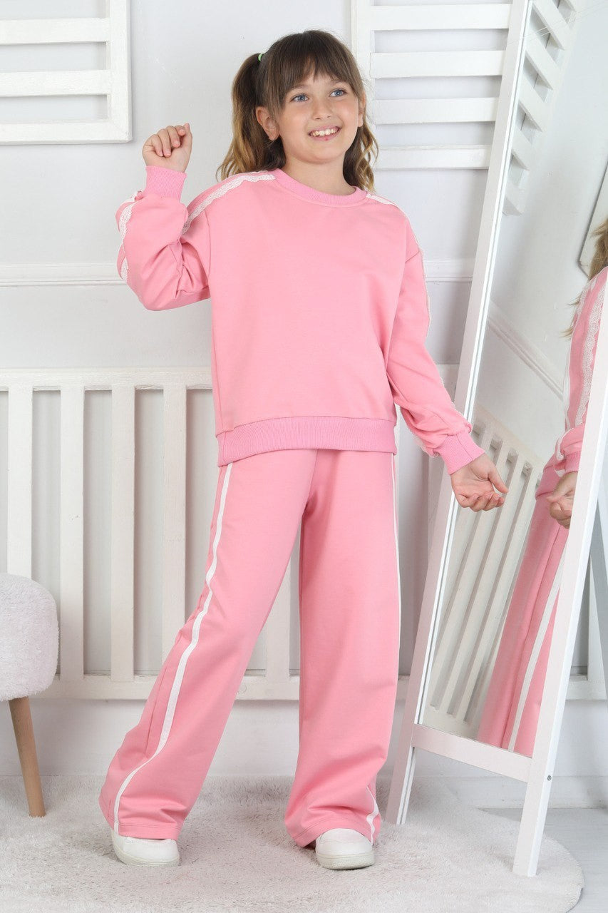 İki İplik Güpürlü Çizgili Pembe Kız Çocuk Takım