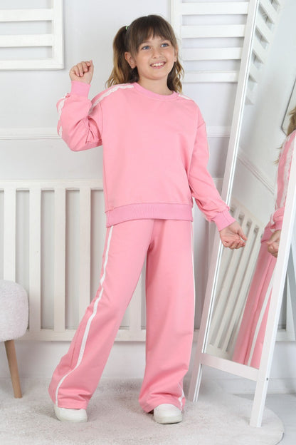 İki İplik Güpürlü Çizgili Pembe Kız Çocuk Takım