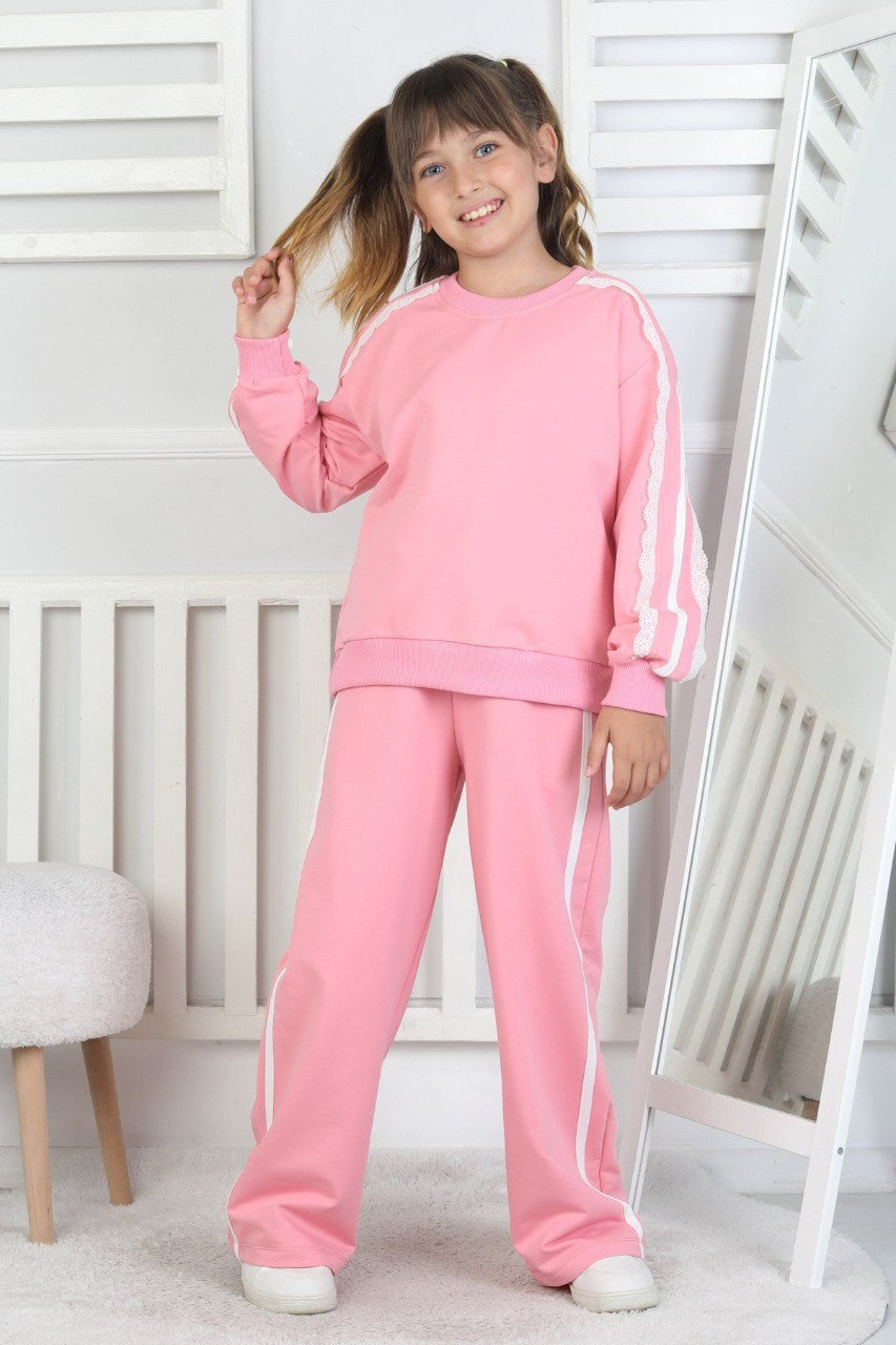 İki İplik Güpürlü Çizgili Pembe Kız Çocuk Takım