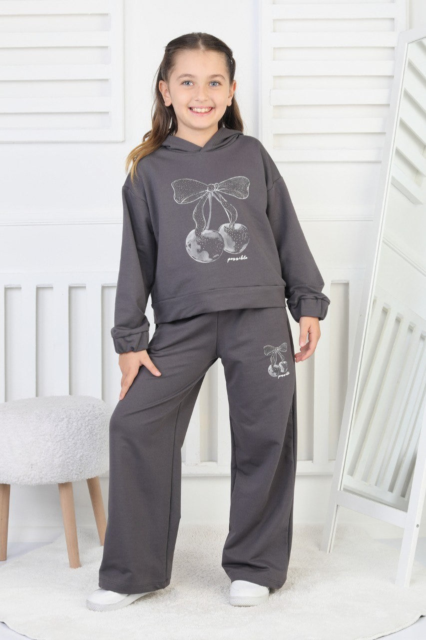 İki İplik Antrasit Kapüşonlu Baskılı Kız Çocuk İkili Takım