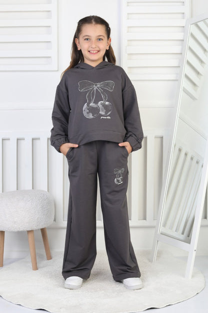 İki İplik Antrasit Kapüşonlu Baskılı Kız Çocuk İkili Takım