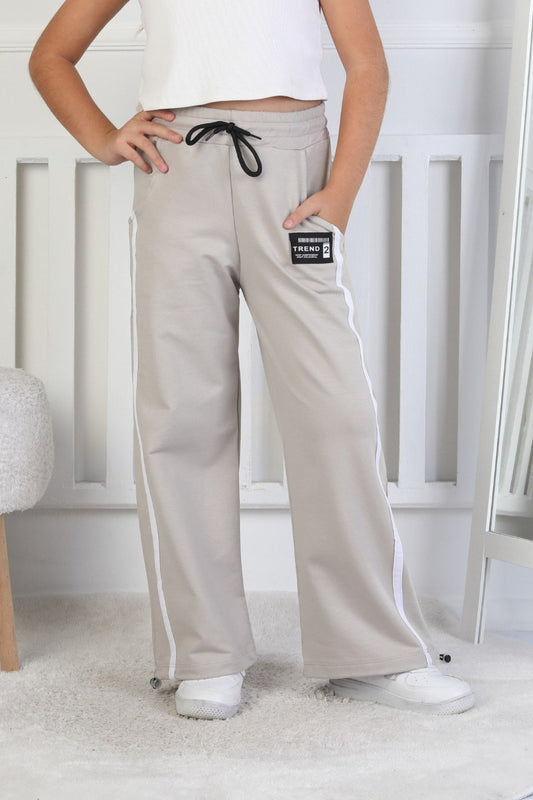 İki İplik Baskılı Çizgili Kız Çocuk Bej Eşofman Altı