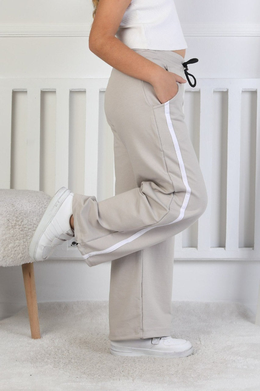 İki İplik Baskılı Çizgili Kız Çocuk Bej Eşofman Altı