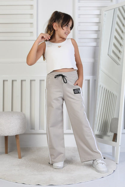 İki İplik Baskılı Çizgili Kız Çocuk Bej Eşofman Altı