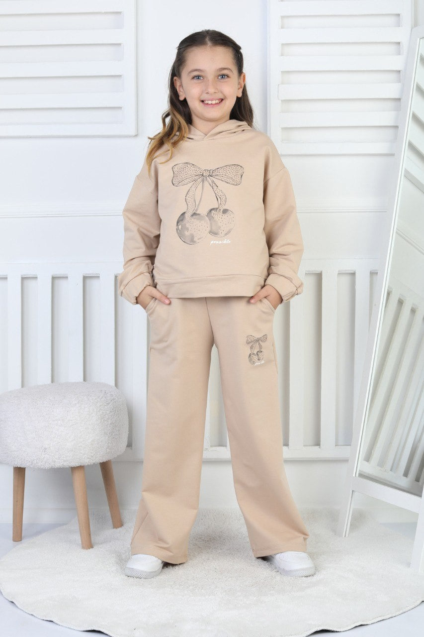İki İplik Kapüşonlu Baskılı Kız Bej Çocuk Takım