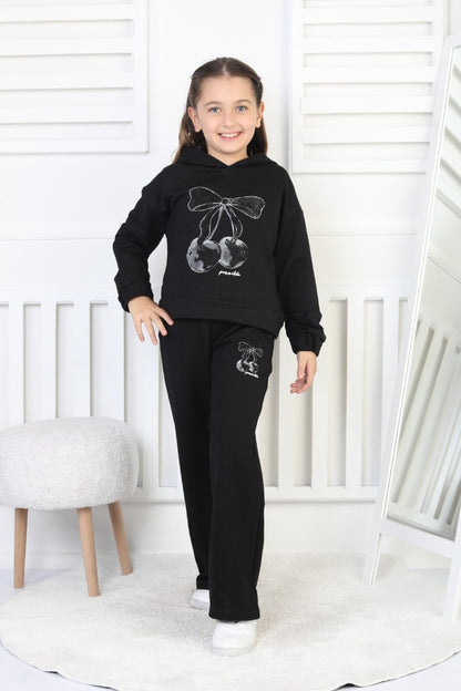 İki İplik Kapüşonlu Baskılı Kız Çocuk Siyah İkili Takım