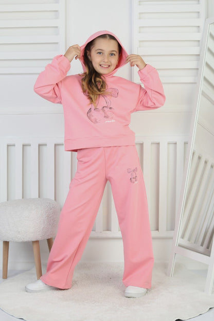 İki İplik Kapüşonlu Baskılı Kız Çocuk Takım