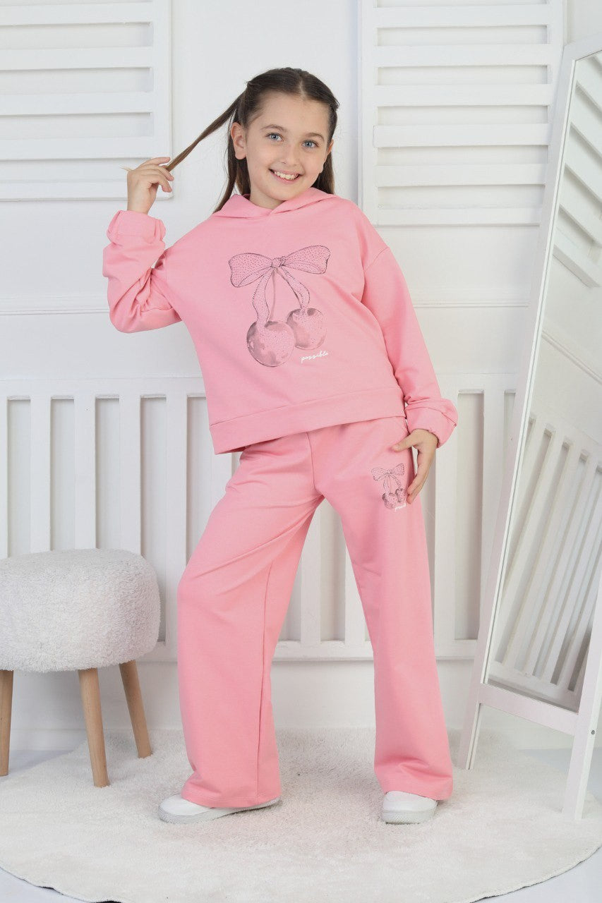 İki İplik Kapüşonlu Baskılı Kız Çocuk Pembe İkili Takım