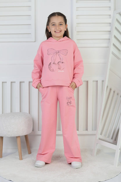 İki İplik Kapüşonlu Baskılı Kız Çocuk Pembe İkili Takım