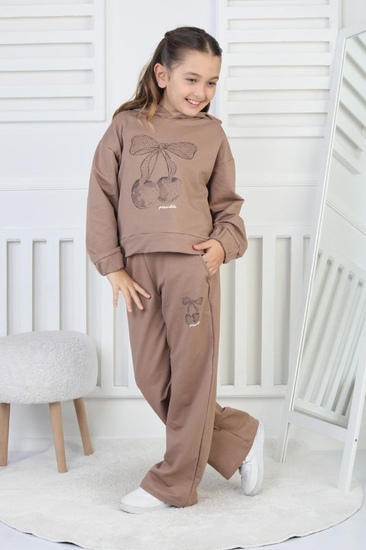 İki İplik Kapüşonlu Baskılı Kahverengi Kız Çocuk İkili Takım
