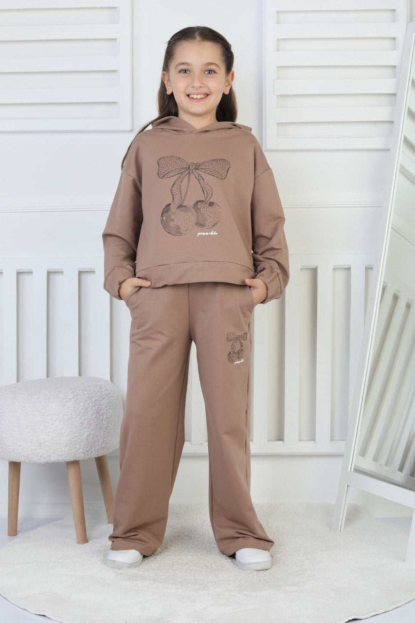 İki İplik Kapüşonlu Baskılı Kahverengi Kız Çocuk İkili Takım