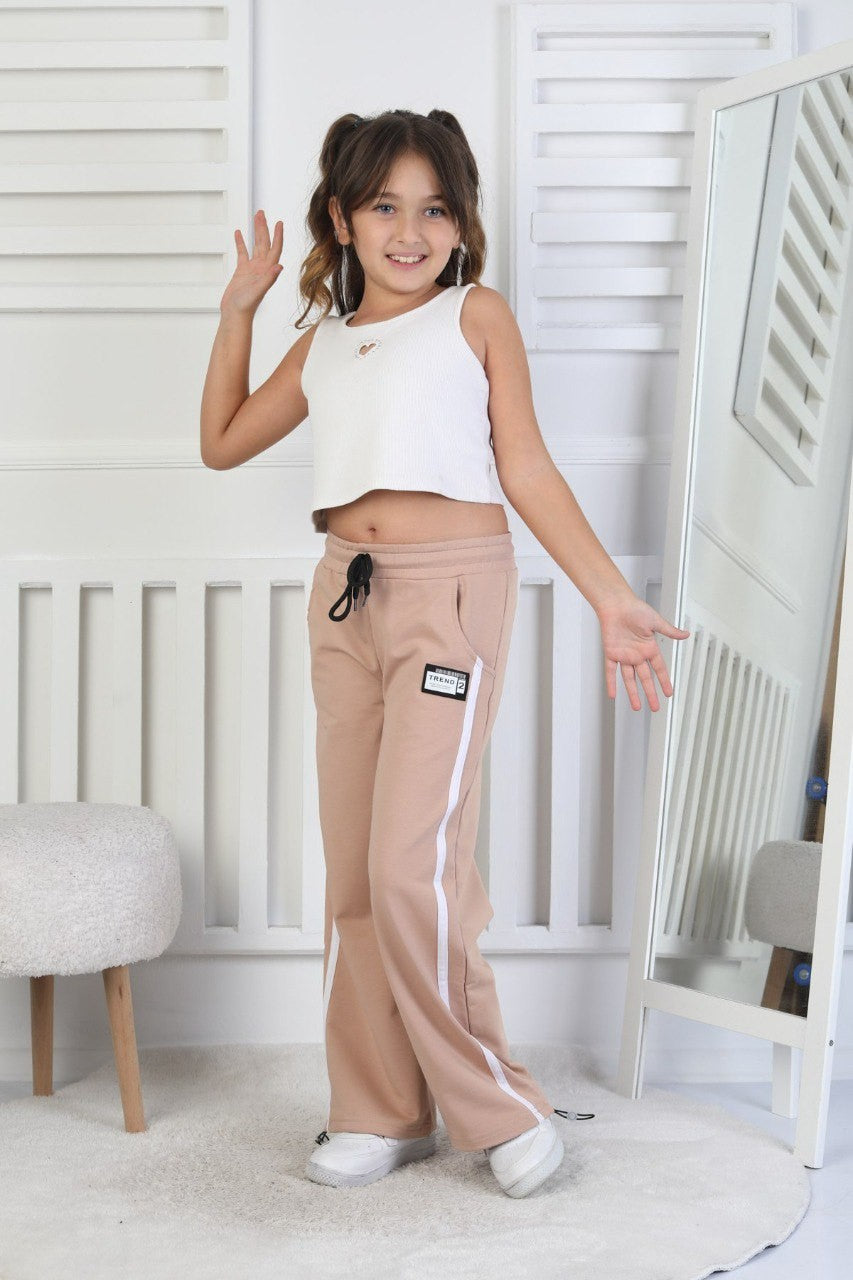 İki İplik Baskılı Çizgili Kız Çocuk Kahverengi Eşofman Altı