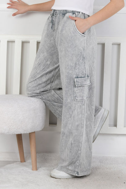 İki İplik Yıkamalı Kargo Çepli Kız Çocuk Gri Eşofman Altı