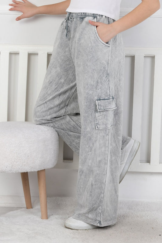 İki İplik Yıkamalı Kargo Çepli Kız Çocuk Gri Eşofman Altı