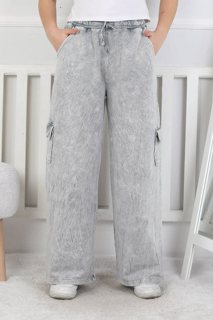 İki İplik Yıkamalı Kargo Çepli Kız Çocuk Gri Eşofman Altı