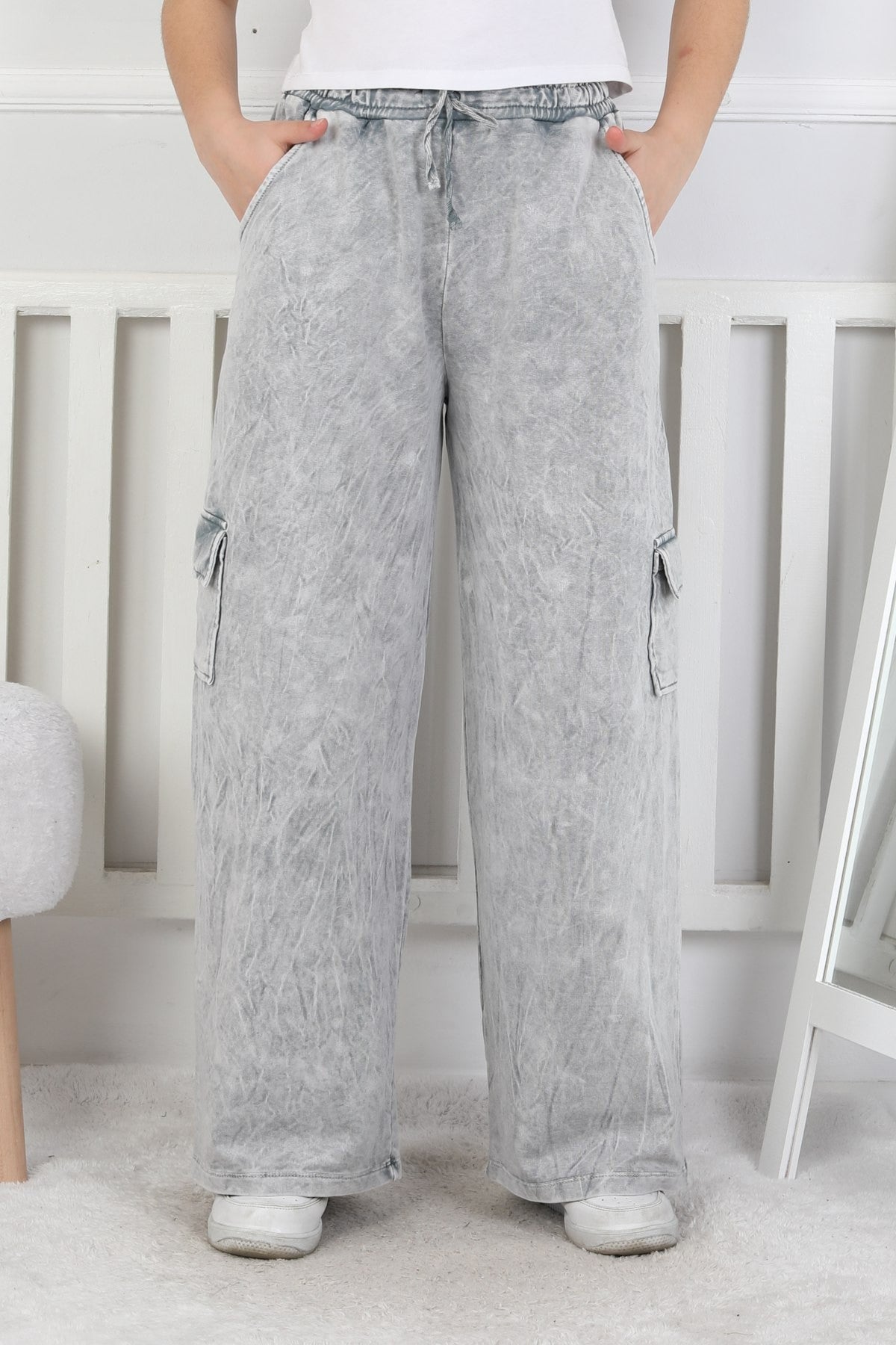 İki İplik Yıkamalı Kargo Çepli Kız Çocuk Gri Eşofman Altı