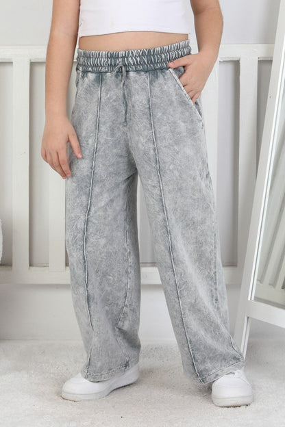 İki İplik Önü Çizgi Detaylı Yıkamalı Kız Çocuk Gri Eşofman Altı